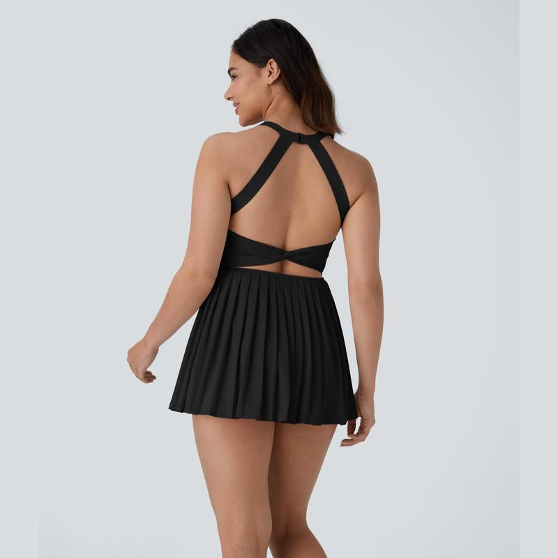 Halara Backless Twisted Pleated Cool Touch Quick Dry Mini Dance Active Dress-Easy Peezy Edition